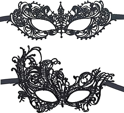 2pcs Sexy Masquerade Masks, Venetian Mask Mardi Gras Masks for Masquerade Night Mascarade Ball Half Face Masks Black Lace Masquerade Mask for Halloween Carnival