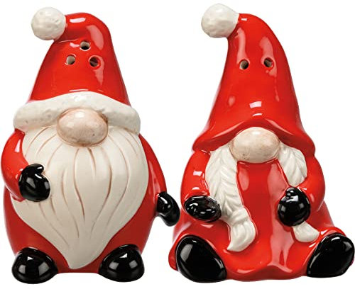 Primitives by Kathy Salt & Pepper Set of 2 ceramic Santa & Gnome shaped shakers will be a delight on your holiday table, each comes with plastic stopper.
