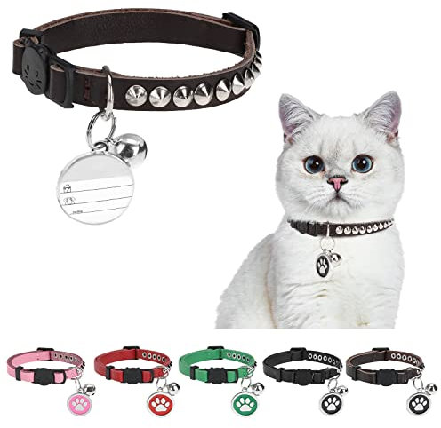 DILLYBUD Katzenhalsband aus Leder, personalisierbar, mit Nietenglocke und Sicherheitsschnalle, Nieten, Nieten, für Jungen, Mädchen, Katzen, Kätzchen, 22,9 cm – 29,2 cm, Braun