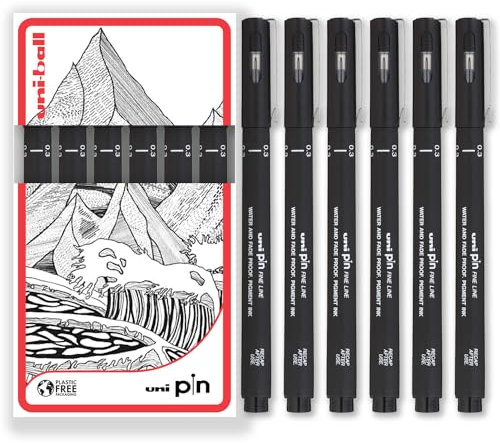 uni-ball PIN Fineliner, schwarze Schreibstifte mit feiner Spitze, wasser- und lichtbeständige Tinte, ideal für Skizzen, Scrapbooking, Konturen, Kunst, technisches Zeichnen, in Geschenkbox (6 Stück,