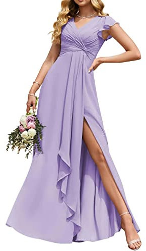 WSEYU V cuello largo vestidos de dama de honor con hendidura gasa una línea plisada vestidos de baile con bolsillos C074, Lila, 36