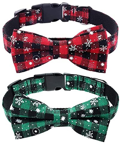 JunD Weihnachtshalsband für Katzen und Hunde, Schneeflocke mit Weihnachten, abnehmbare Fliege, 2 Stück, Hundehalsband, verstellbar, mit Sicherheitsschnalle (XL)