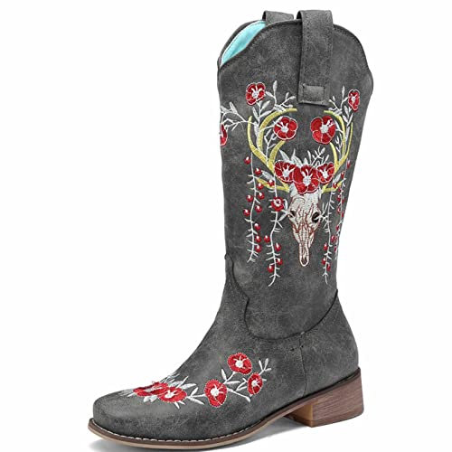 OMEARK Damen Western Cowboystiefel, Mode Quadratische Zehe Floral Bestickt Stiefel mit mittlerer Wade, Winter-Reitstiefel mit dickem Absatz Modische Ritterstiefel in Übergröße,Grau,44