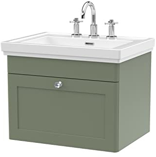 nuie CLC894B Classique Traditional Bathroom Wall Hung 1 Drawer Vanity Basin Unit with 3 Tap Hole Fireclay Basin, 600mm, Satin Green