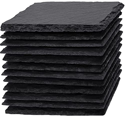 WEWINK PLUS Lot de 12 dessous de verre pour boissons, 10,2 cm, en pierre noire ardoise, dessous de verre rustique avec envers anti-rayures pour bar, cadeaux, bricolage, cuisine, décoration d'intérieur