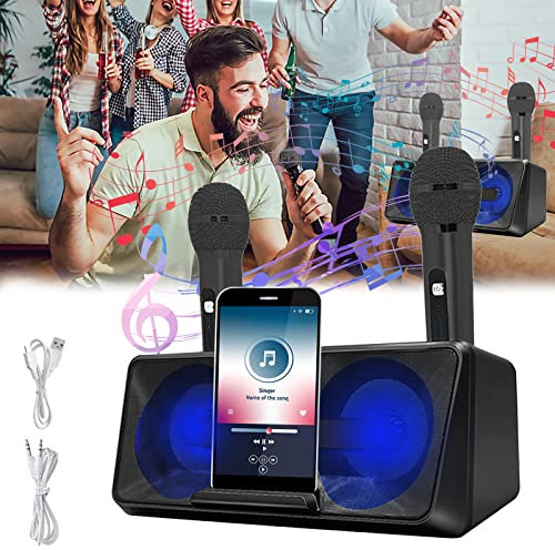 Micrófono Karaoke, Máquina Karaoke Portátil Sistema Karaoke Bluetooth con 2 Micrófonos Inalámbricos y Soporte para Teléfono Móvil Efectos de Luz LED Recargable para Adultos Niños Soporta USB TF AUX