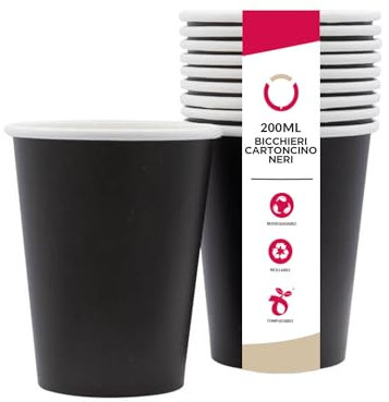 DOT Horeca Solutions 50 Bicchieri NERI in cartoncino 180 ML carta monouso usa e getta acqua caffè the cappuccino cioccolata bicchiere nero bevande calde biodegradabili compostabili e riciclabili
