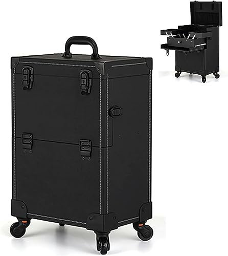 Kosmetikkoffer Schminkkoffer Kosmetik Make Up Organizer Koffer Multikoffer Etagenkoffer,360° Drehbare Räder, Komfortgriff, Verstellbare Trennwände, Kosmetik Trolley Rollkoffer, Blau Und Schwarz (Colo