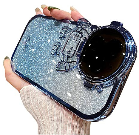 QoKcoahn Coque de téléphone avec support caché pour iPhone 15 Pro - Protection d'objectif d'astronaute mignon - Avec béquille - Paillettes - 6D - Galvanisé - En TPU souple - Bleu