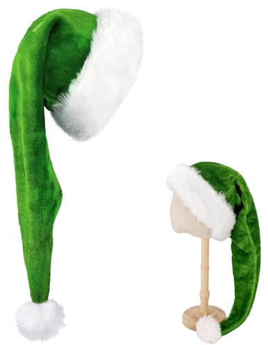 Lang Weihnachtsmütze für Kinder,Grün Santa Mütze mit Plüsch Rand Bequemes Dicker Klassischer nikolaus mütze aus Samt Weihnachtsmann-Kostümzubehör für festliche Partys im neuen Jahr Weihnachten