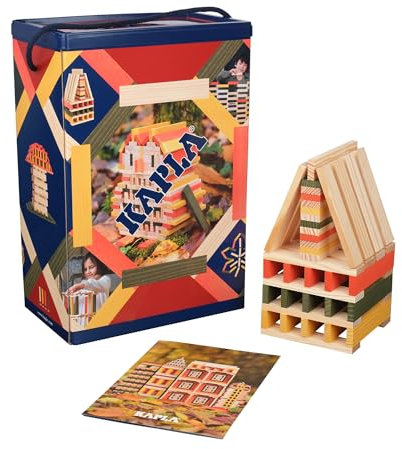 Die 200er BOX HERBST von KAPLA®: 200 Plättchen aus naturbelassenem Pinienholz, davon 140 x naturfarben und 20x grün, 20x orange und 20x gelb