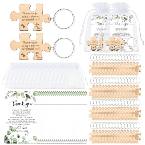 Sintuff 100 Sets Hochzeitsgeschenke für Gäste, rustikaler Holzpuzzle-Schlüsselanhänger, Dankeskarte, Organza-Beutel, Hochzeit, Party, Brautparty, Souvenir