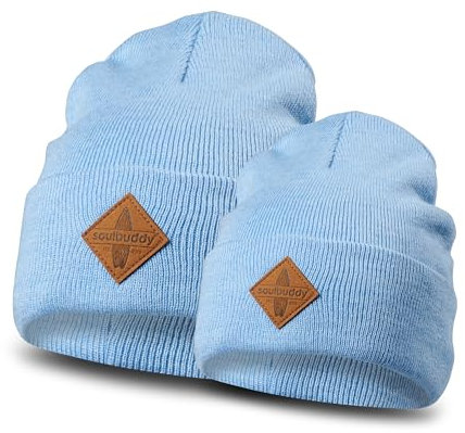 Soulbuddy Beanie - 2er Set Hellblau Melange | Partnerlook-Set | 1 Herren oder Damen Wintermütze (One Size - 54-62 cm) und 1 Kinder Strickmütze (Größe M - 45-49 cm)
