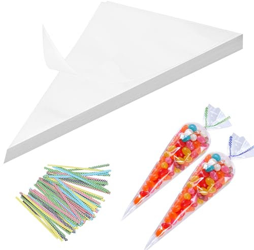 50pcs Sachet cone transparent avec Liens Torsadés 50pcs,Pochette bonbon,Sachet cornet bonbons,Sachet pop corn,Sachets bonbon anniversaire Cône,pour Fête,Party,Birthday,Emballage,13 * 25cm