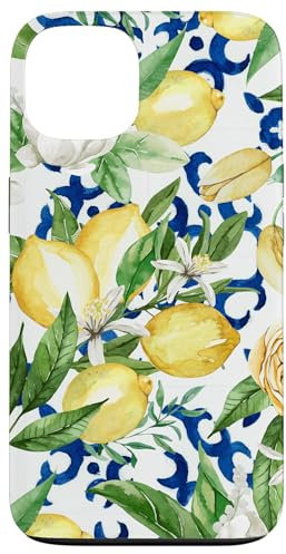 Hülle für iPhone 13 Amalfi Zitronenblüte Aquarell Zitrus & Blau Fliesenmuster