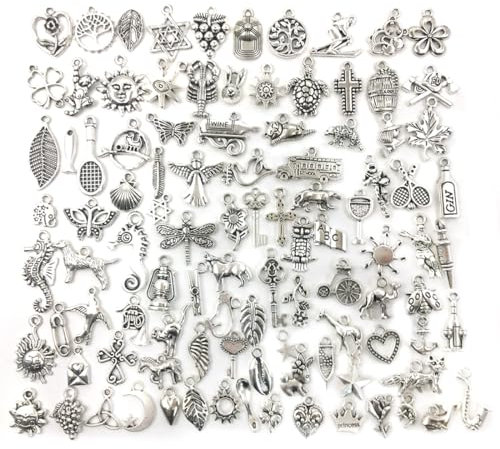 BCZR 100 Stück Charms Anhänger Set, Gemischte Silber Schmuckanhänger Zum Basteln, Ohrringe Selber Machen Perlen, Armband Charm Selber Machen