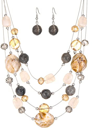 FULU AUTUMN Chunky Statement Kette Damen Mehrreihige Perlenkette und Ohrringe Modeschmuck Set für Frauen Mama Frau Oma Muttertags Geschenk(2-White gray colorful)
