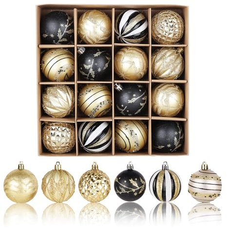 Weihnachtskugeln Plastik 16 Stücke: 6cm Christbaumkugeln Kunststoff Kleine Weihnachtsbaum Kugeln mit Schlüsselband für Christmas Decorations(Schwarz & Gold)