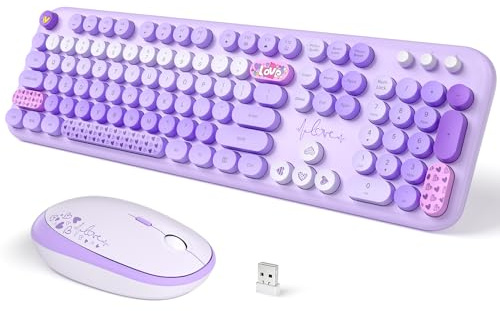 Wireless Keyboard and Mouse, SQMD Colorful Typewriter Retro Keyboard with Round Keycaps, 2.4GHz USB Full-Size Keyboard and Mouse Set for Mac PC Desktop Laptop (Purple Colorful)