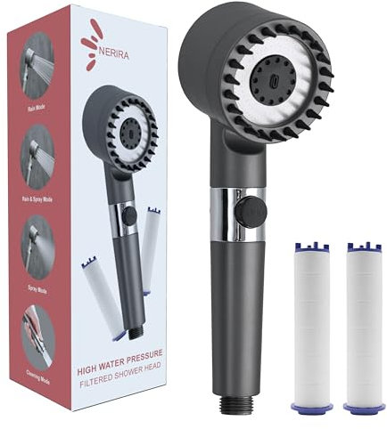 NERIRA® Alcachofa de Ducha con Filtro + 3 Filtros de Repuesto | Alcachofa Ducha Alta Presión 3 Modos de Chorro y Cepillo de Silicona en el Cabezal de Ducha para Masaje Relajante Tipo SPA