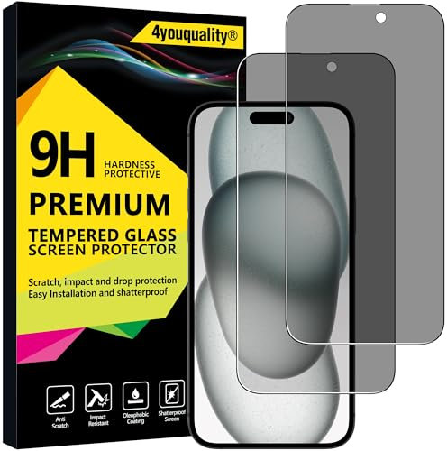 4youquality Privacy Screen Protector for iPhone 15 Plus (6.7-Inch), Anti Spy Tempered Glass Film, 2-Pack, [LifetimeSupport][Anti-Spy][Impact-Resistant][Anti-Scratch]