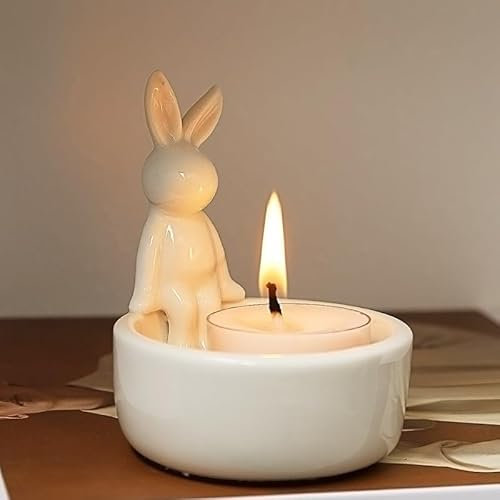 Hasen-Oster-Kerzenhalter, niedlicher Cartoon-Hasen-Kerzenlampe, handgefertigter Keramik-Kerzenständer, Osterdekoration, Kerzenhalter, Dekoration, Geschenk für Eier (lange Ohren)