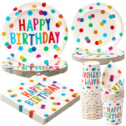 PARTY GO Set di 100 stoviglie per feste a pois (25 persone), piatti di carta usa e getta, cannucce di carta, tovaglioli, stoviglie per feste di compleanno per bambini, compleanno per ragazzi e ragazze