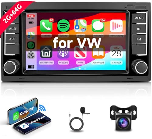 Hodozzy Autoradio Android 2G+64G pour VW Touareg Transporter T5 Multivan 2004-2011 Android Auto, CarPlay Écran Tactile 7 Pouces Bluetooth Poste Radio avec Mirror Link GPS WiFi SWC FM/RDS/EQ Caméra