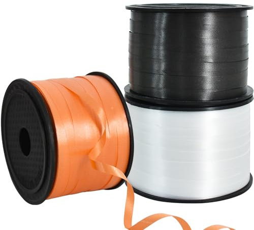 RIBBOOO 3 Rolls Geschenkband Laserband Schwarz&Weiß&Orange - 5mm Luftballons Band Geschenkverpackung für Weihnachtsdeko Ballonverschlüsse Geschenkverpackung Hochzeitsdeko (200 Yard Balloon Ribbon)