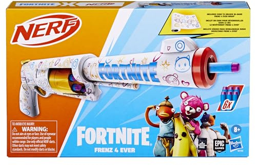 Nerf Fortnite Frenz 4 Ever Blaster, Bonuscode zum Freischalten von Frenz 4 Ever Wrap im Spiel, 6 Elite Darts, 6-Dart Drum, Fortnite Geschenke
