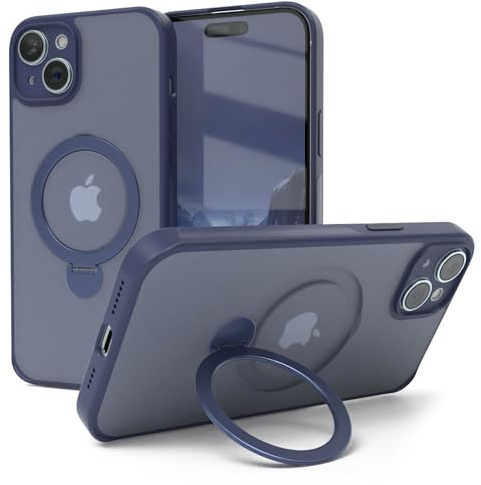 EAZY CASE - MagSafe Handyhülle für iPhone 15 Plus kompatibel mit MagSafe Hülle mit Ständer kompatibel mit iPhone 15 Plus Hülle mit 360° Ring & Magnetfunktion zum Aufstellen stoßfest Cover Nacht Blau