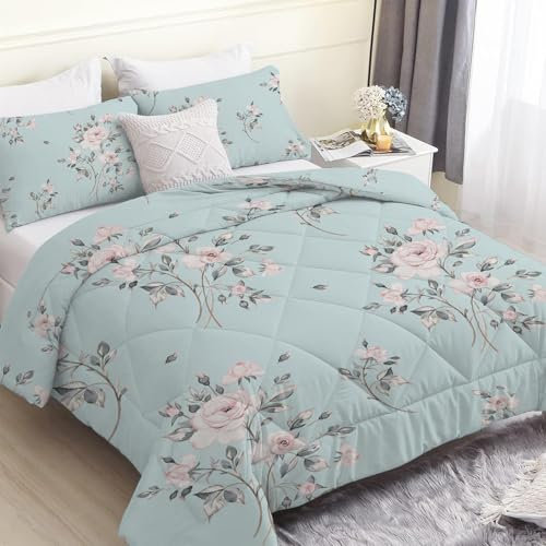 Couette 220x240 cm Imprimée Florale Bleue 4 Saisons pour Lit 2 Personnes - Roses Edredon Léger Réversible Sans Housse avec 2 Taies d'Oreiller 65x65 cm