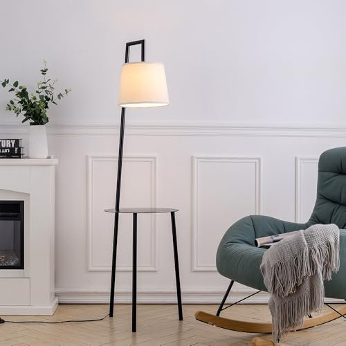 INMOZATA Floor Lamp, Floor Standing Lamp with Shelves, Linen Lampshade Tall Floor Lamp with Table for Living Room Bedroom Modern