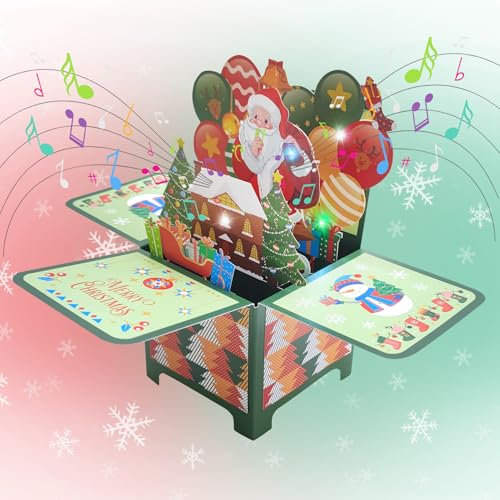 Skeadex Pop up Karte Weihnachten, 3D Pop up Weihnachtskarten mit LED Lichtern Musik, Weihnachtsbaum Pop up Karte mit Notizkarten und Umschläge, Weihnachten Geschenk für Kinder Erwachsener (C)