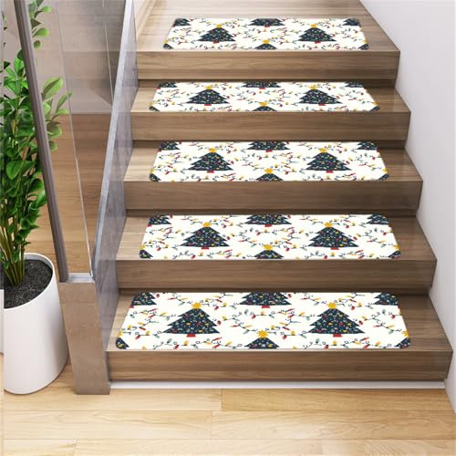 Surwin 5 Pezzi Tappeti per Scale in Legno, Tappeti per Gradini Interne con Stampa Albero di Natale, Tappetino Antiscivolo di Sicurezza Tappeto Riutilizzabile Pedate per Scale (76x20cm,Bianco)