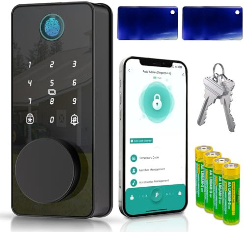 Biquole Cerradura inteligente para puerta delantera, cerradura de puerta de entrada sin llave con teclado, cerraduras electrónicas digitales con huella dactilar, control de aplicación por Bluetooth