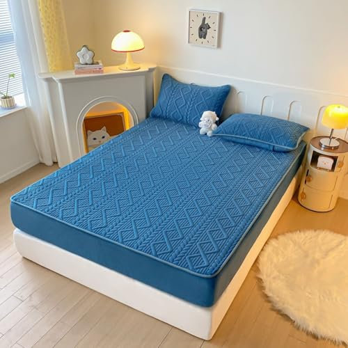 Aotiwe Bed Sheets Warm, Fitted Sheet Topper Marineblau Einfarbig mit Rautenmuster Milchfaser 180x220cm
