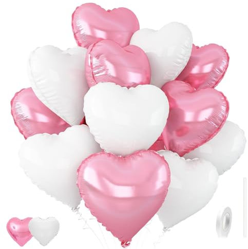 Gleemix 12 Stück Rosa Weiß Herzballons, 18 Zoll Herz Folienballon, Folien Herzform Helium Luftballons, Herzluftballons Geeignet für Verlobung Heiratsantrag Deko Hochzeit Valentinstag Geburtstagsdeko