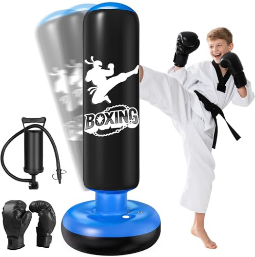 Qoosea Boxsack für Kinder von 6–12 Jahren, 160cm Standboxsack Aufblasbarer mit Boxhandschuhe Boxsack Stehender, Geschenk für Jungen und Mädchen Üben von Karate, Kickboxen,Taekwondo, MMA