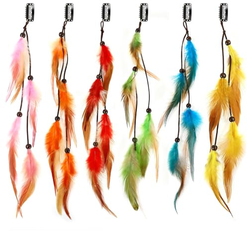 MWOOT 6 Stück Feder Haarschmuck Clip, Indianer Haarschmuck Damen, Federn Haarextensions, Boho Kopfschmuck für Karneval Festival Verkleiden Cosplay Haardeko Zubehör Bunt Feder Haarspangen