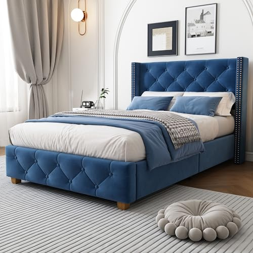 Polsterbett 90x200cm mit Lattenrost und Kopfteil, Knopfpolsterung, Nietenpolsterung, Holzbeine, Bettgestell aus Leinenmaterial Jugendbett,Samt,(Blau,90x200cm)