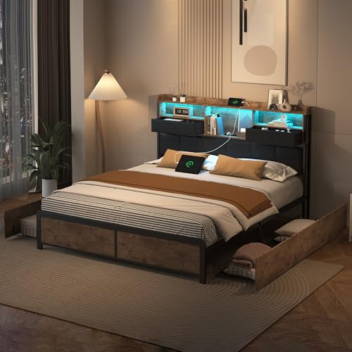 BRYXR Bett 160x200, Polsterbett Doppelbett mit LED und USB, 4 Schubladen, Kopfteil mit Stauraum, Industriebettgestell Bettgestell mit Lattenrost, Modern Jugendbett Erwachsenenbett, PU, Ohne Matratze