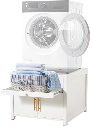 YODOLLA Support Machine à Laver en Métal, avec Tiroir et Placard de Rangement, Réhausseur Universel pour Appareil Électroménager, H 58 cm, Charge 320 kg, Blanc