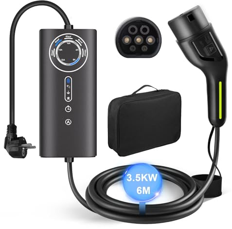 AWESAFE Chargeur Voiture Electrique [ 3,68 KW, 16A, 6m ] Courant Réglable 6-8-10-13-16A Prise Schuko avec Sac/Câble de Charge Type 2, Compatible avec E-208, Zoe, Spring, 500e, Model 3&Y et Autres BEV/