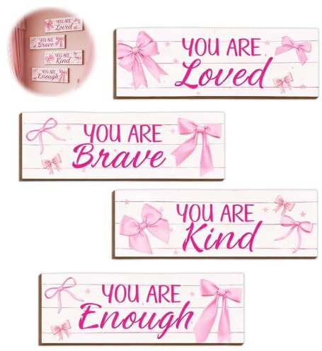 Pink Bow Room Decor Wood, 4pcs Boho Pink Bow Wallpaper for Girls Bedroom, Inspirational Quotes Wall Art, Accents for Nursery Study Areas Living Room College Dorm