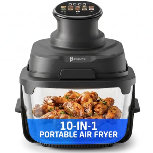 Bridge Pro 10-in-1 Portable Air Fryer 3L & 5.5L, 2x Glass Containers, Black | 3X Faster Cook, 10-in-1, PFAS-Free, Portable Oven, 360° Hot Air Circulation, Time & Temp Control, Digital Touch, Compact