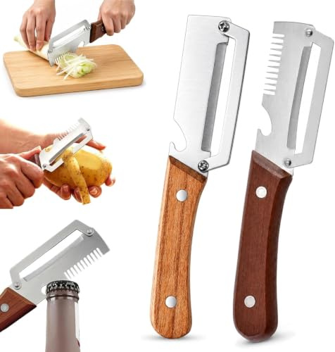 2 Stück Multifunktionaler Gemüseschäler, Sparschäler mit Holzgriff aus Edelstahl, 3-in-1 Küchenschäler mit Julienne-Reibe und Flaschenöffner, Ergonomisches Küchenwerkzeug (2 Stück)