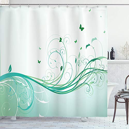 ABAKUHAUS viktorianisch Duschvorhang, Kurvige Linien Welle Blumen, Stoffliches Gewebe Badezimmerdekorationsset mit Haken, 175 x 220 cm, Pale Green Mint Grün