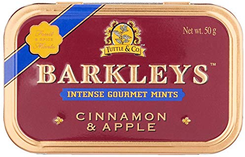 Barkleys Cinnamon & Apple Intense Gourmet Mints. Pack of 6 cans Without milk derivatives, gluten, eggs, soy and animal substances. Suitable for vegetarians and vegans