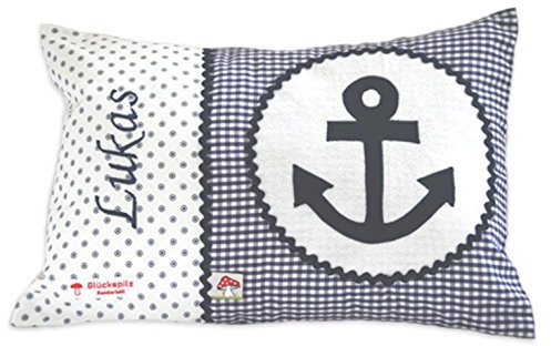 Glückspilz Namenskissen Babykissen I Anker Maritim I mit Namen personalisiert I Geschenk zu Geburt, Taufe, Geburtstag I Blau I 40 x 60 cm